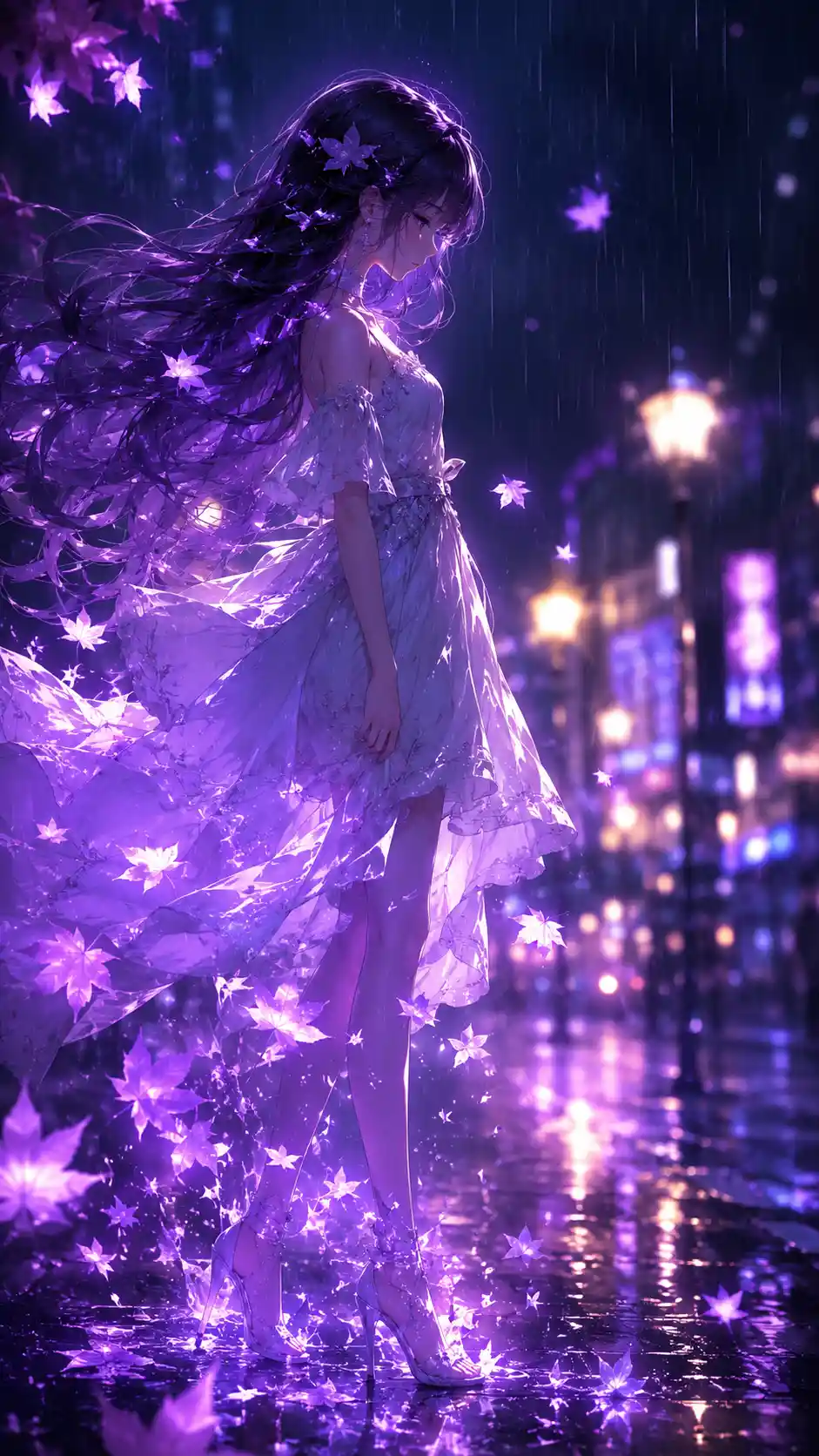 Anime girl with magical purple leaves on rainy city street