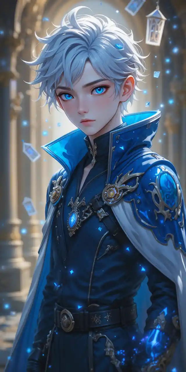 Young anime man with glowing eliatrope portals and cape