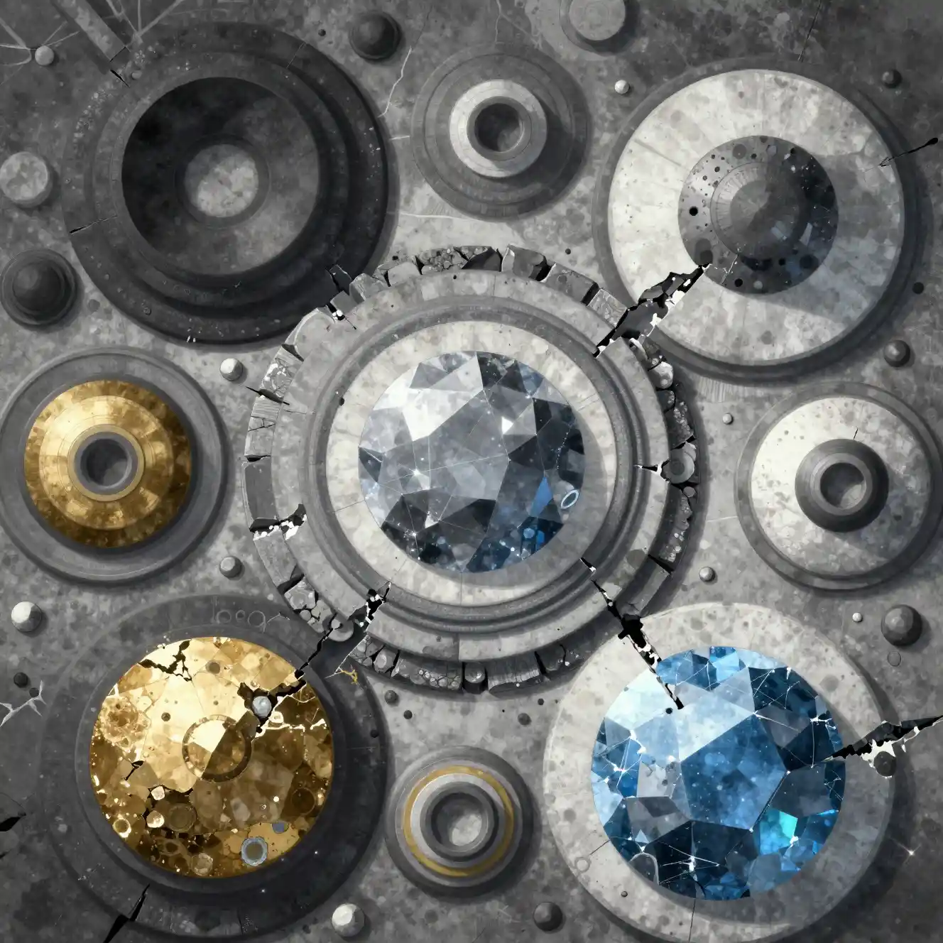 Layered stone circles around a central blue gray crystal