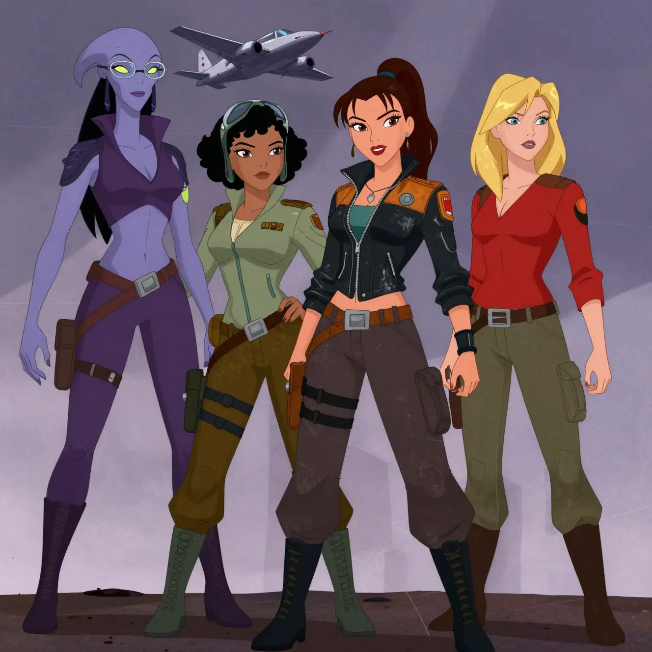 Four female space heroes in dynamic cartoon action pose