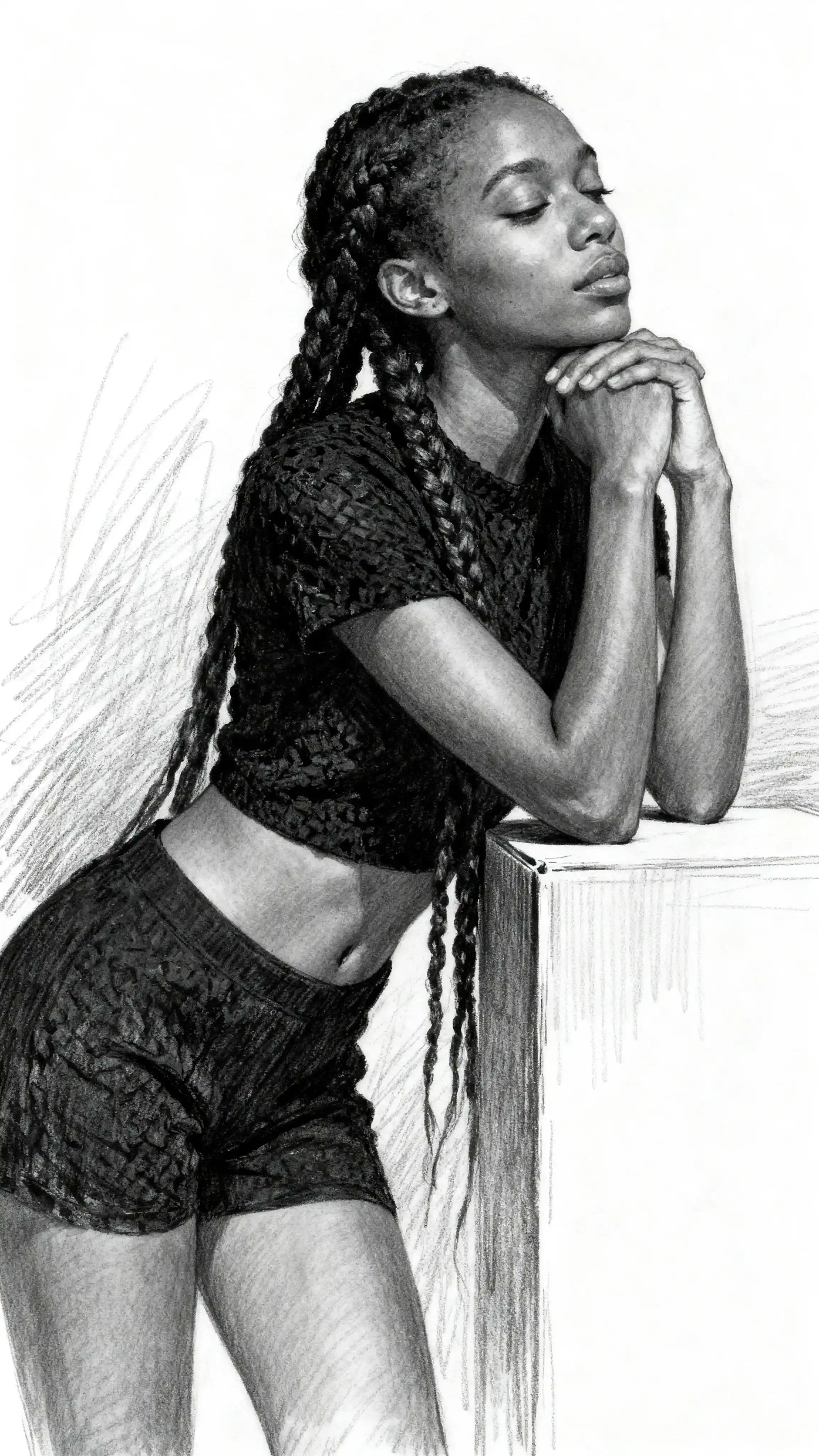 Graphite drawing of a black woman in a quiet three quarter pose