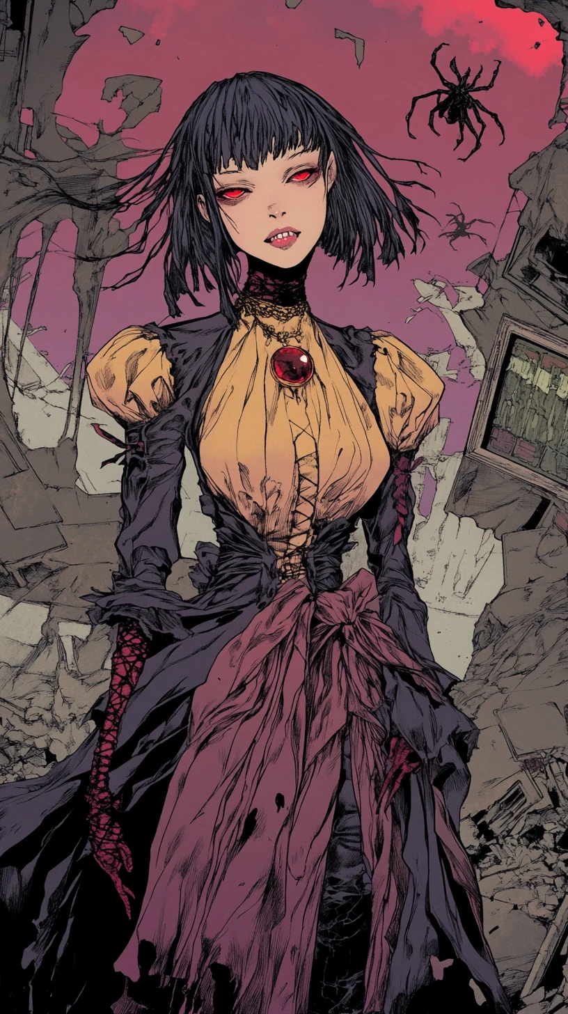 Two toned haired anime girl with tattoos and layered outfit