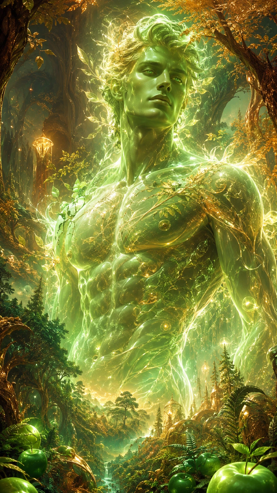 Mystical Forest Spirit Surrounded By Gold And Lush Foliage