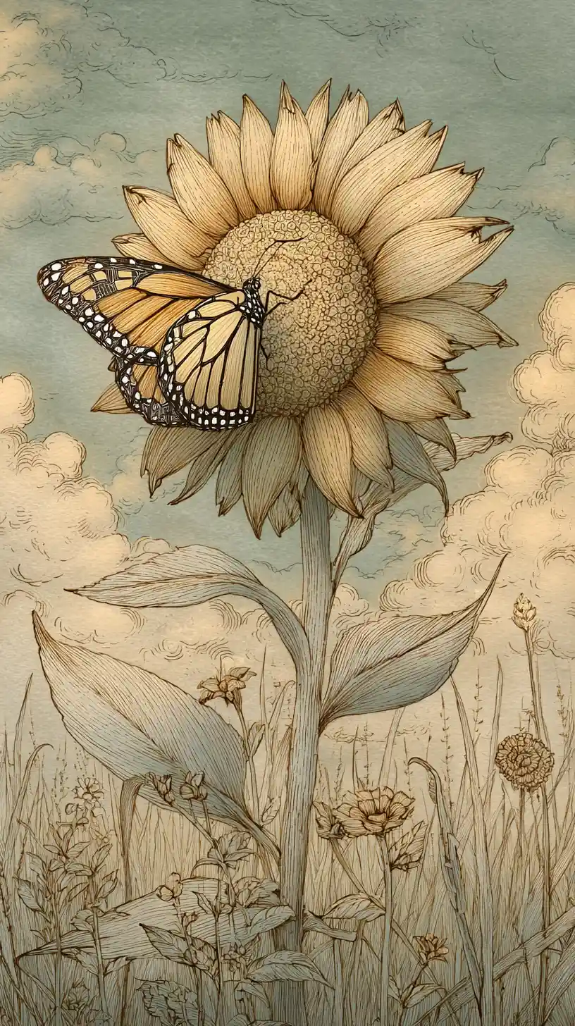 Vintage sunflower illustration with monarch butterfly in bloom