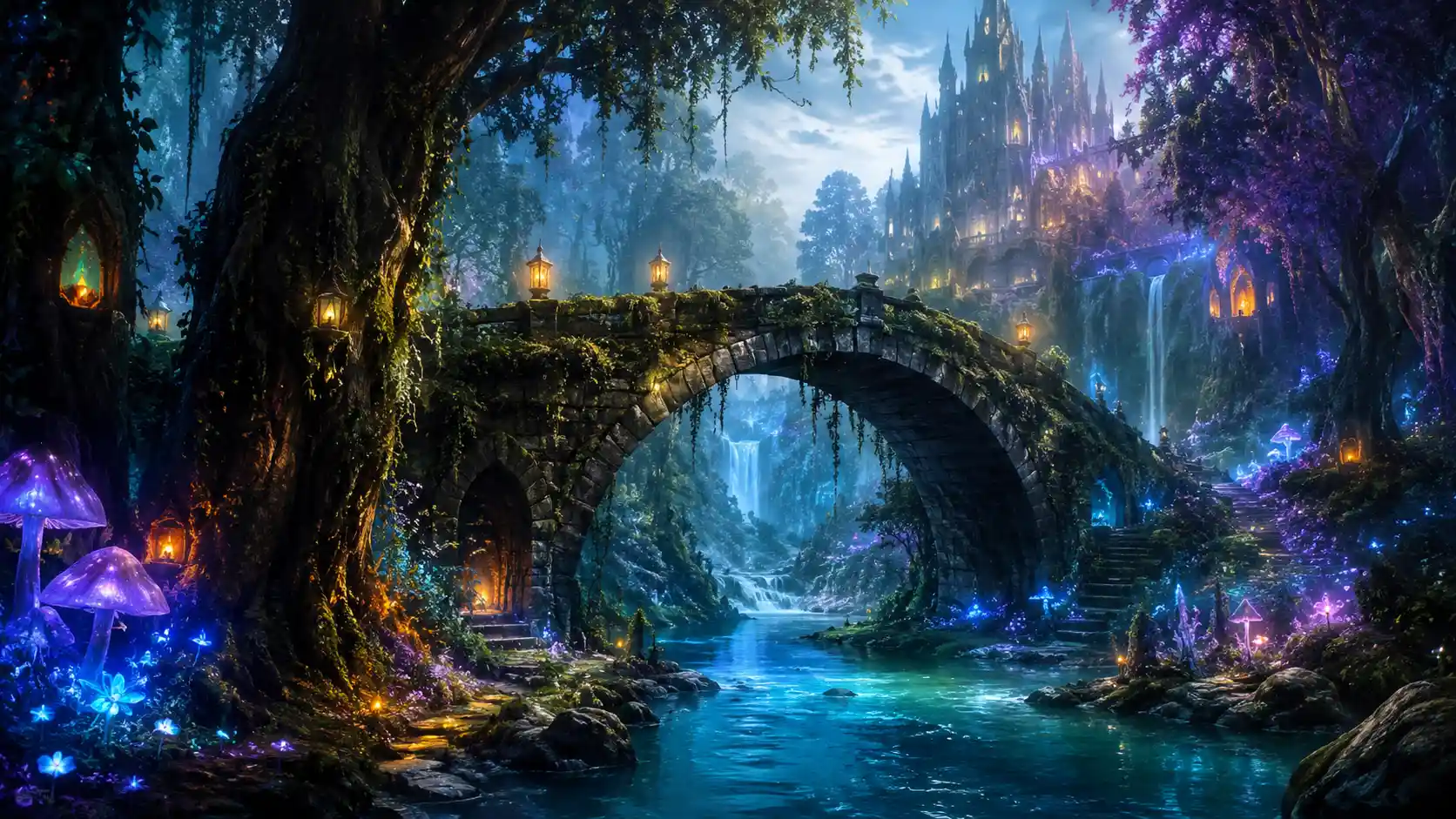 Ancient stone bridge above a mystical glowing forest river