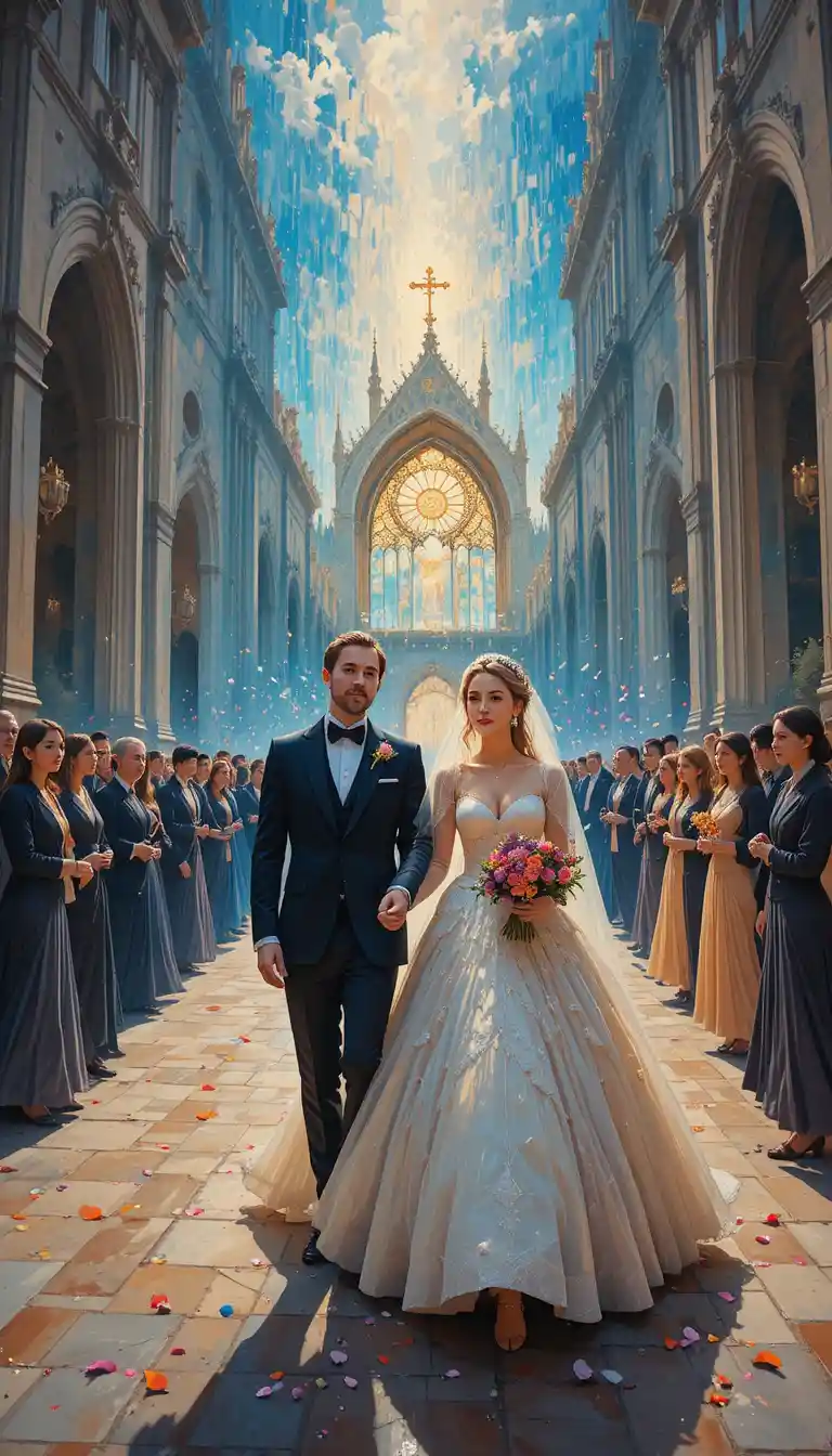 Newlywed couple walking from the church in golden light