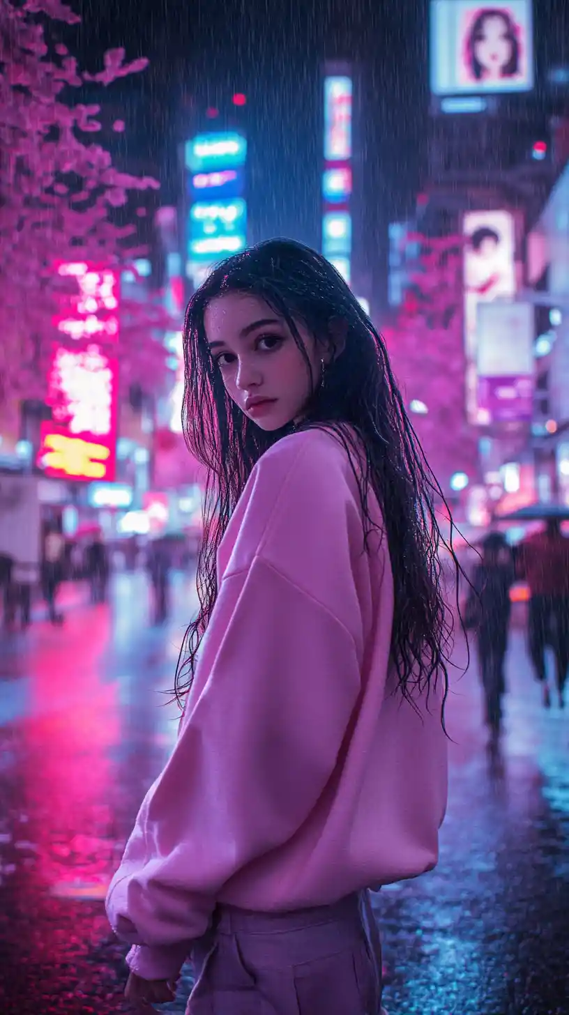 Anime girl in pink hoodie on rainy neon Tokyo street
