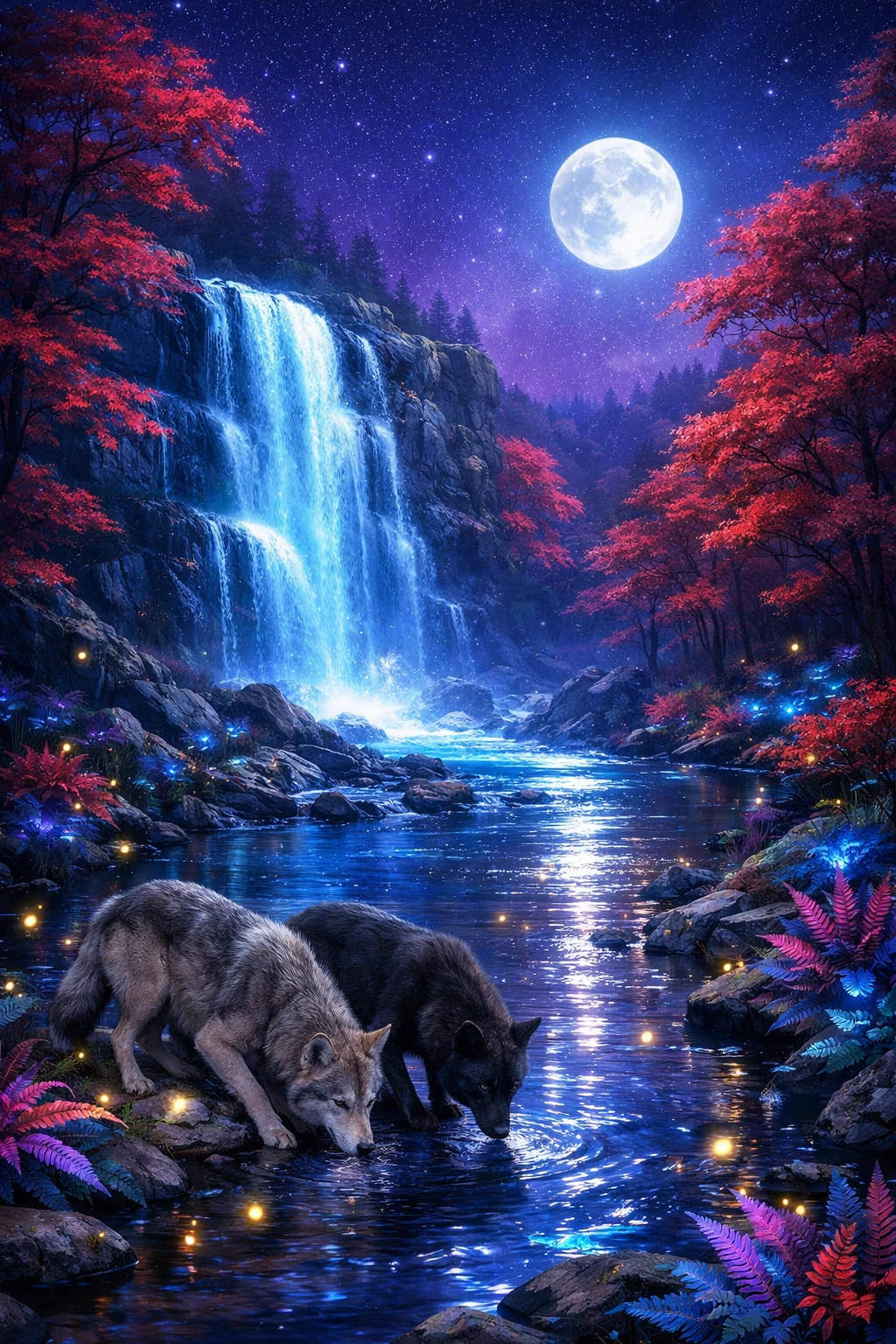 Mystical Moonlit Waterfall In An Enchanted Forest