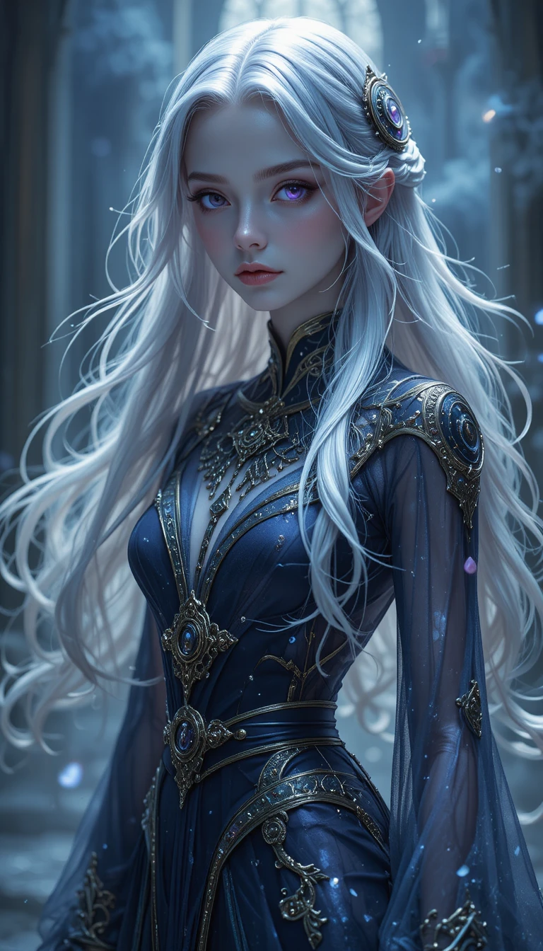 Ethereal anime girl with silver hair and ghostly clock aura