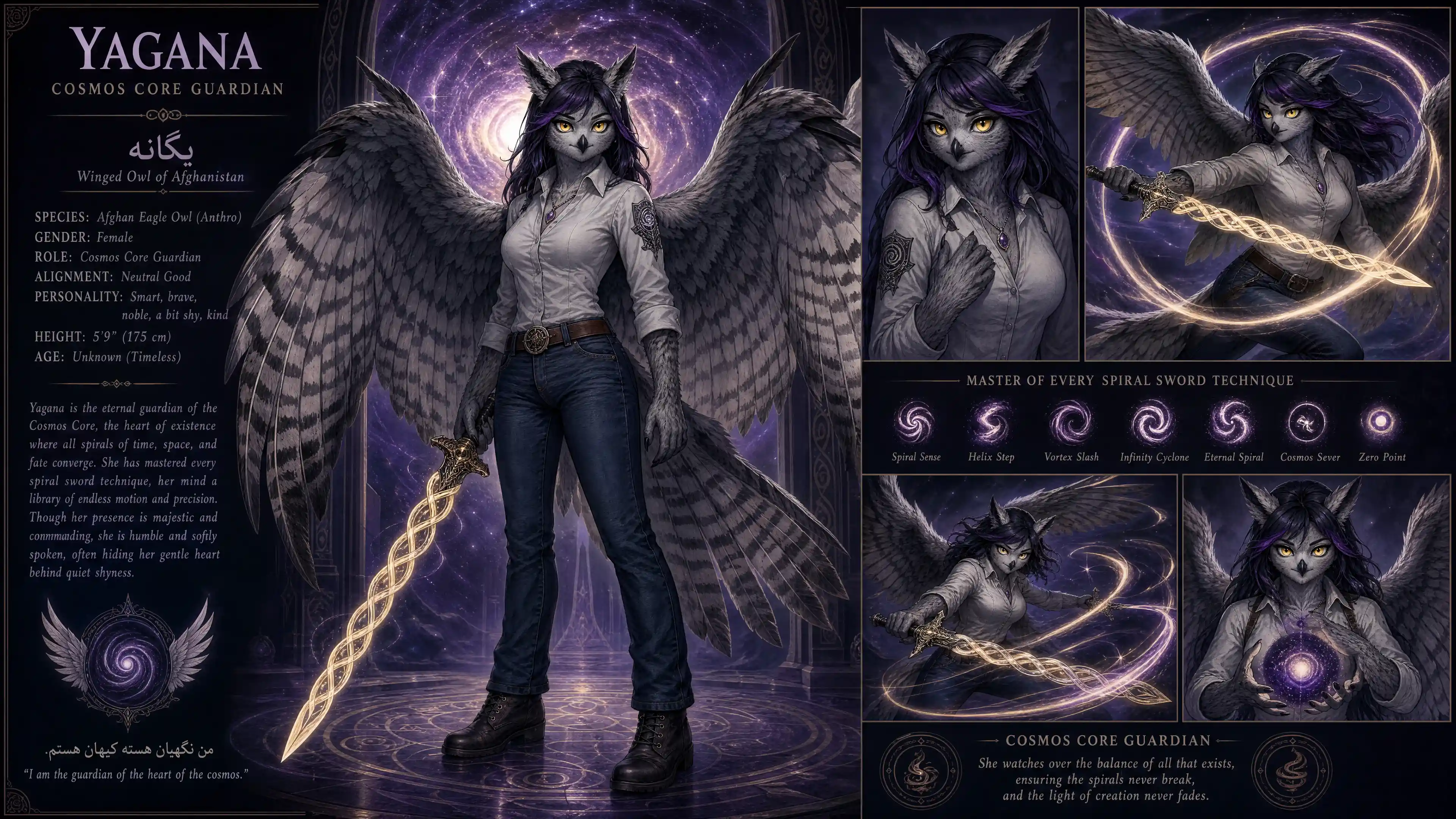 Winged owl woman guardian with flaming hazel eyes
