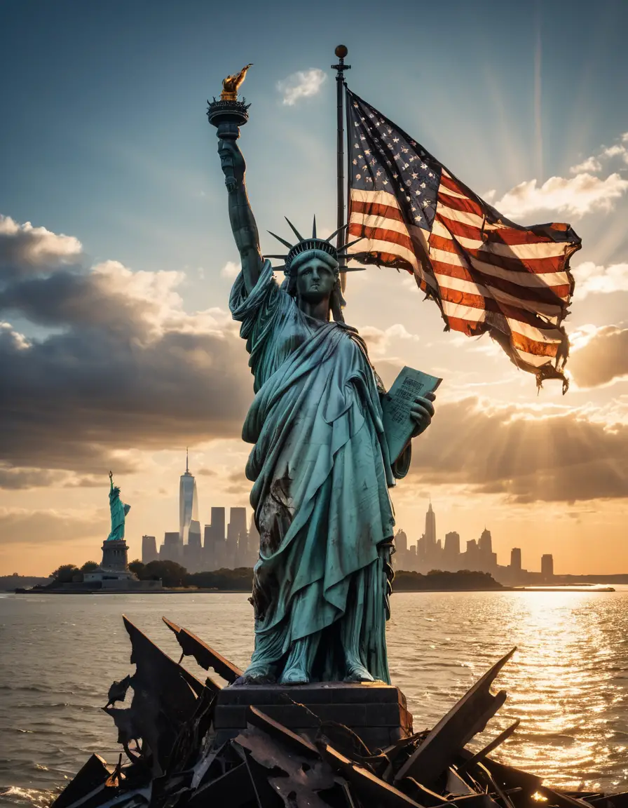 Weathered American flag above decaying Statue of Liberty