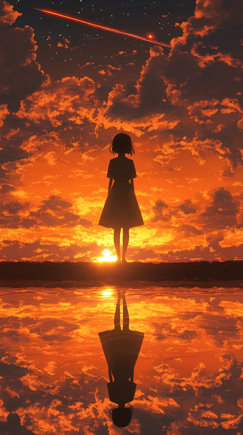Anime girl at seaside during glowing orange sunset