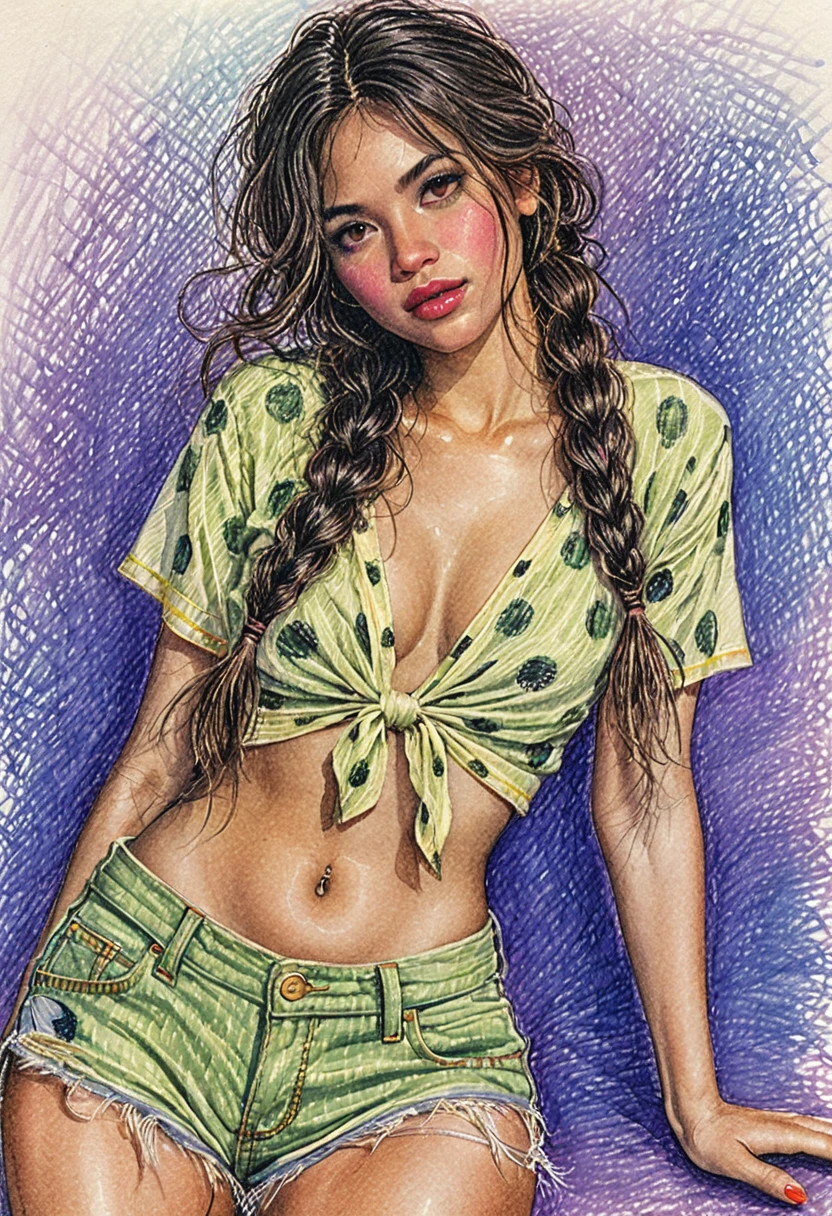 Colored pencil portrait of a girl with braided dark hair