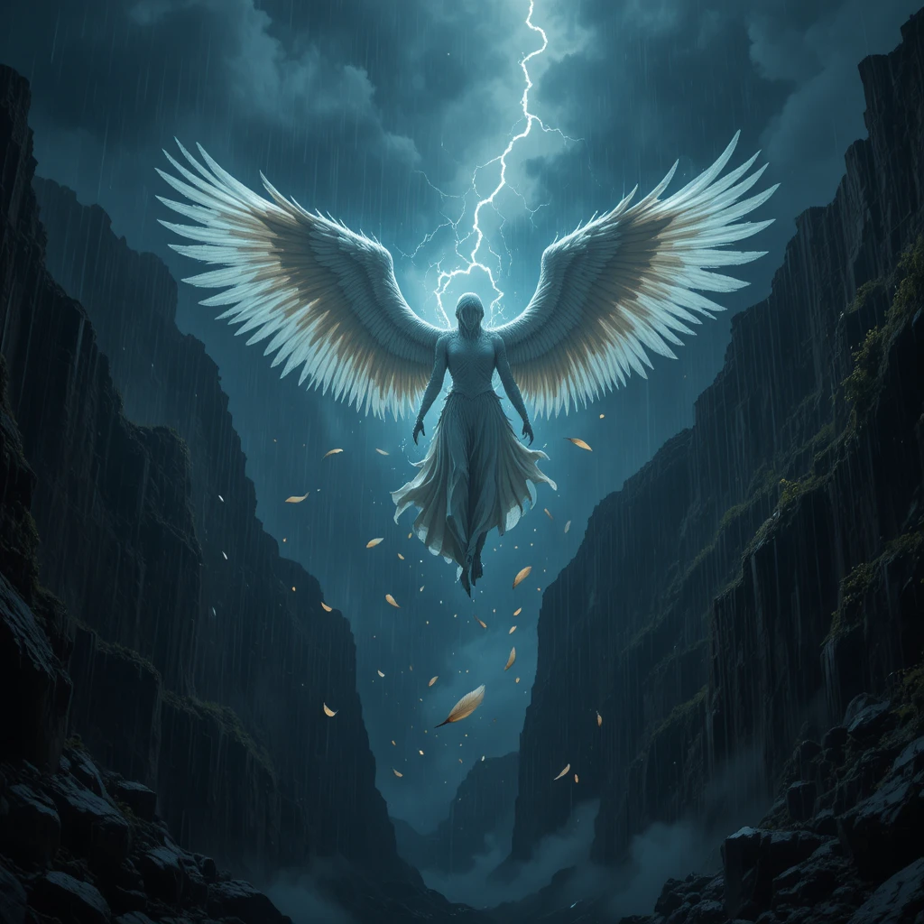 Fallen angel plunging through stormy sky into canyon