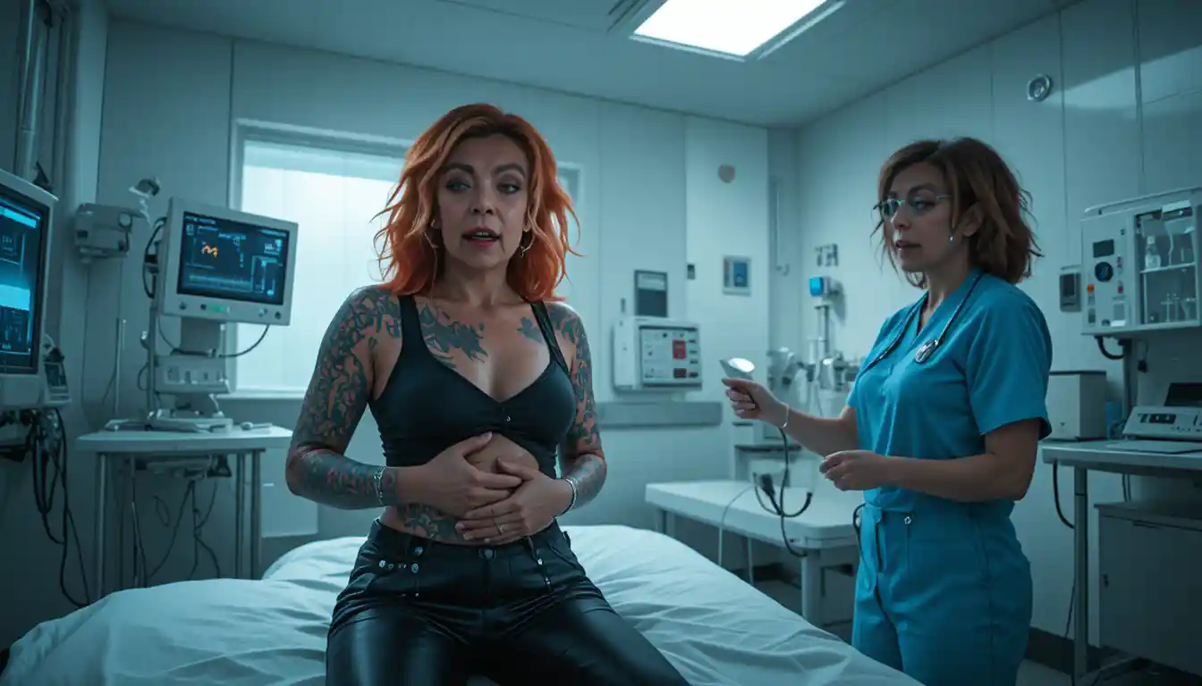 Punk teenager in pain examined in a bright hospital room