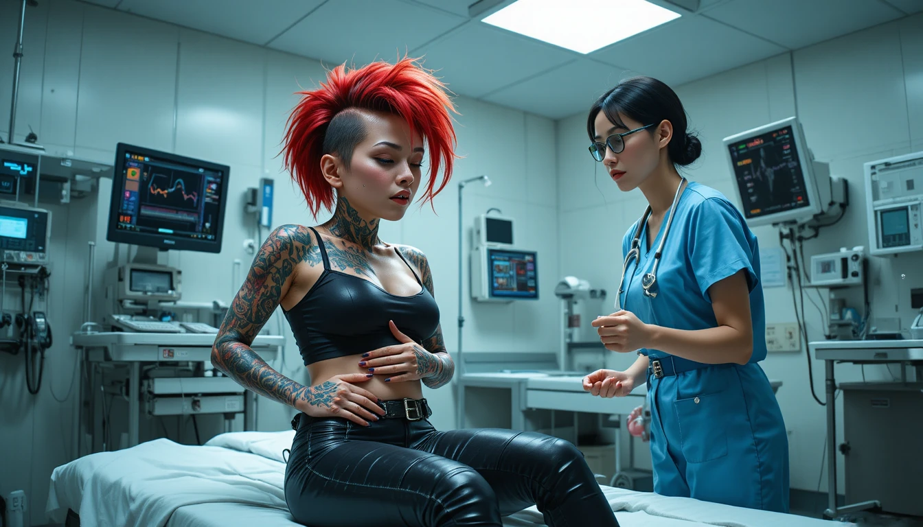 Punk girl in hospital emergency exam with severe stomach pain