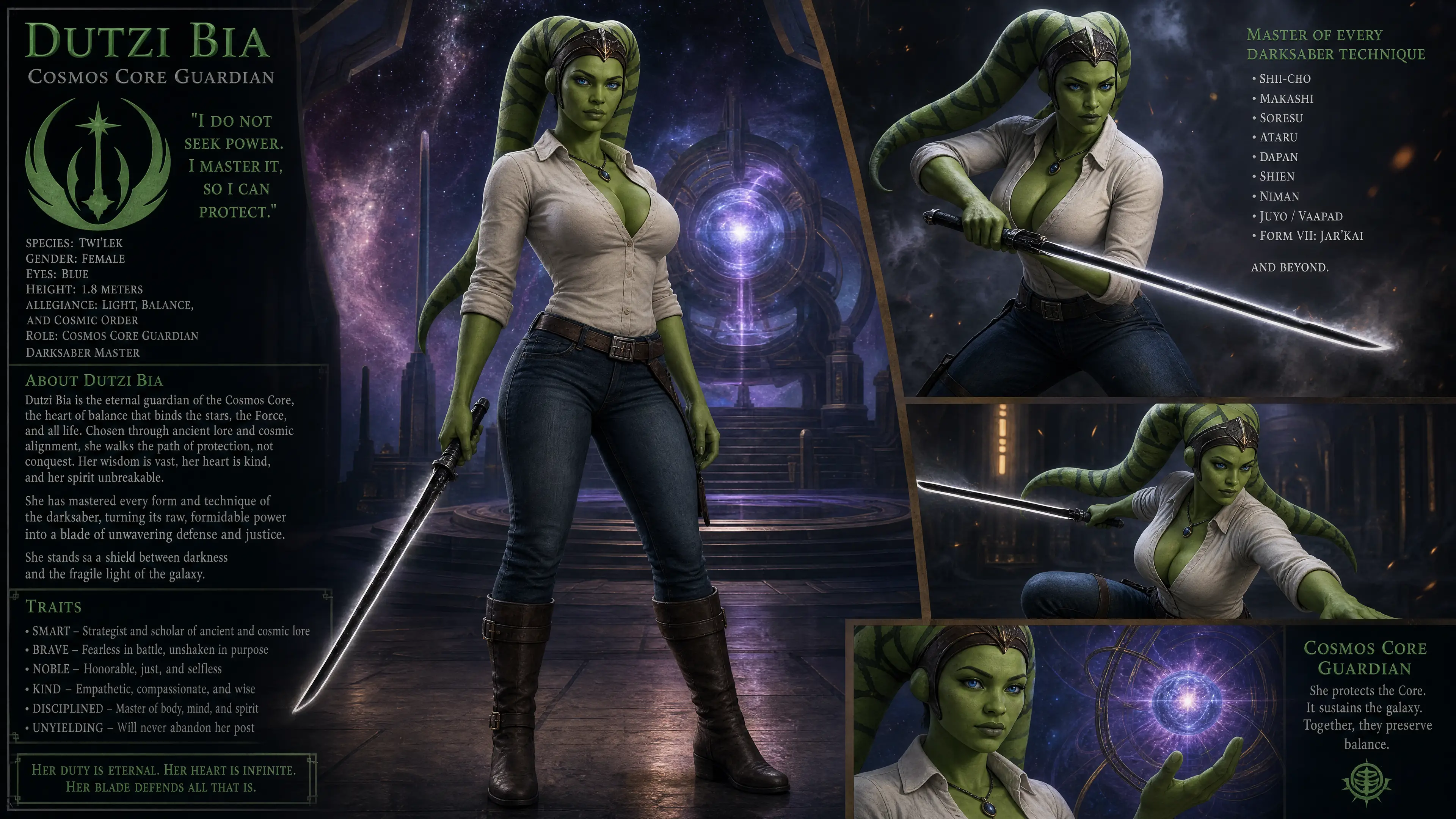 Brave green twilek woman with darksaber in cosmic space