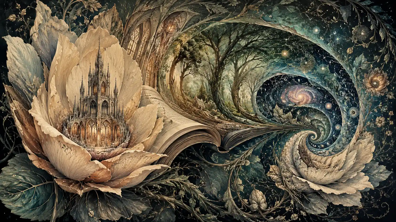 Enormous surreal flower unfolding into infinite transforming worlds