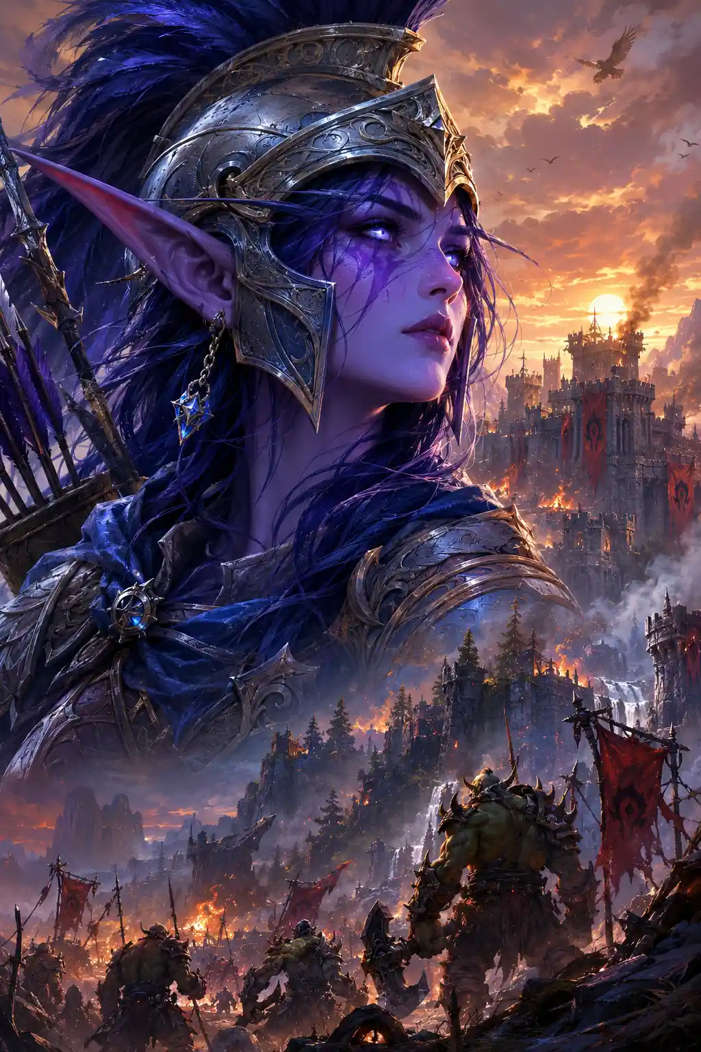 Serene Elf Warrior Portrait In A Mythic Forest Battlefield