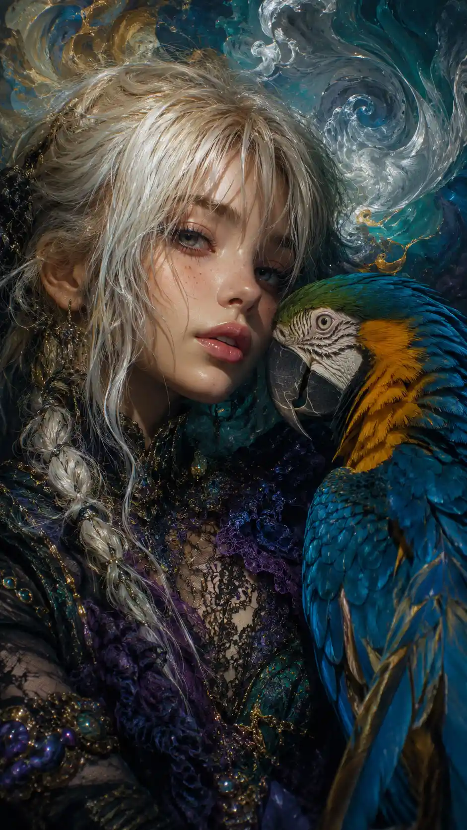 Whimsical emo girl in surreal colorful close up portrait
