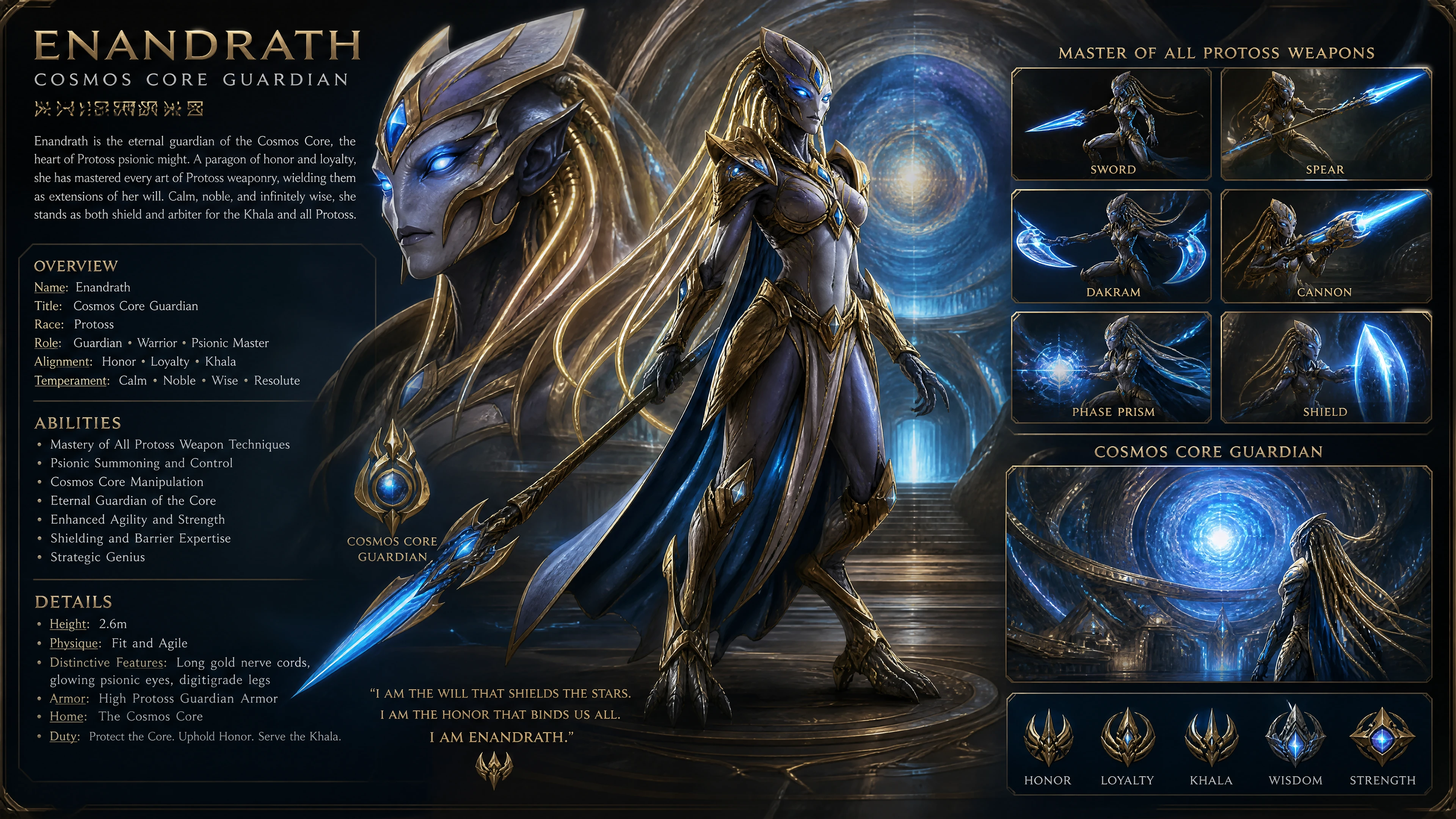 Female protoss warrior with glowing psionic eyes in armor