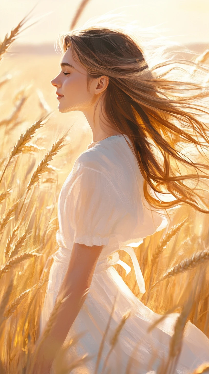 Woman in profile walking through a golden wheat field