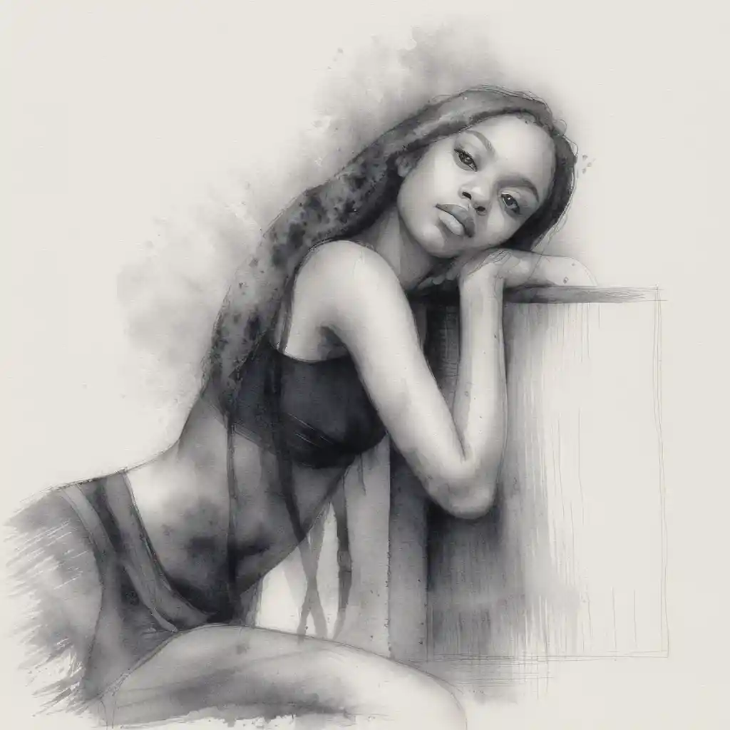 Graphite drawing of a black woman in three quarter pose