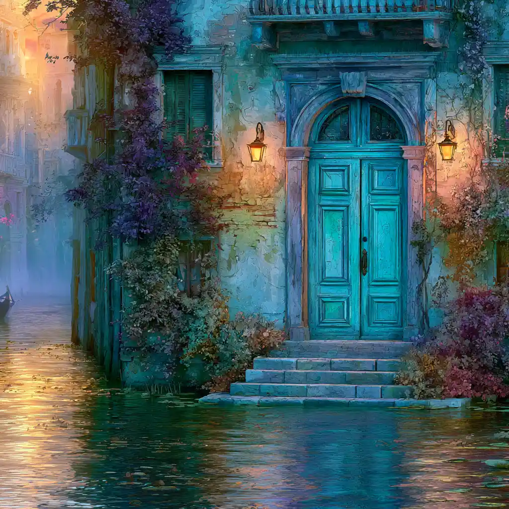 Turquoise wooden palazzo door beside a misty Venetian canal