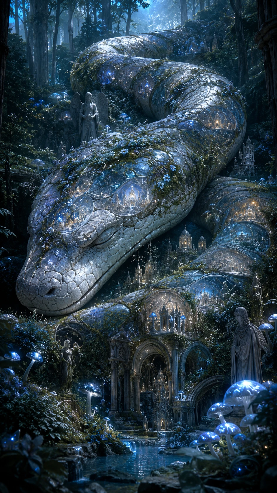 Colossal serpent sleeping beneath an ancient marble forest