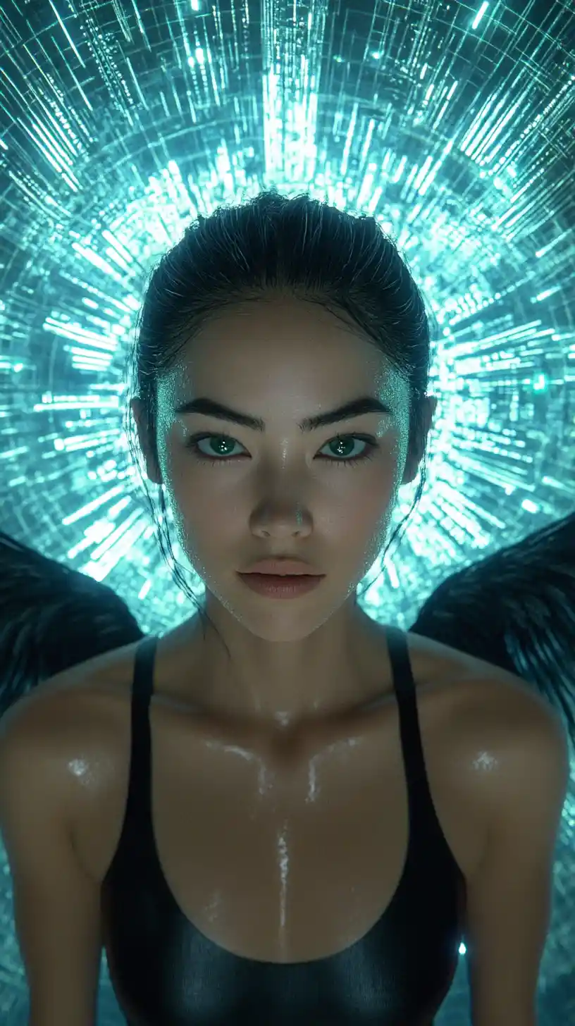 Ethereal woman with cyberpunk halo and black angel wings