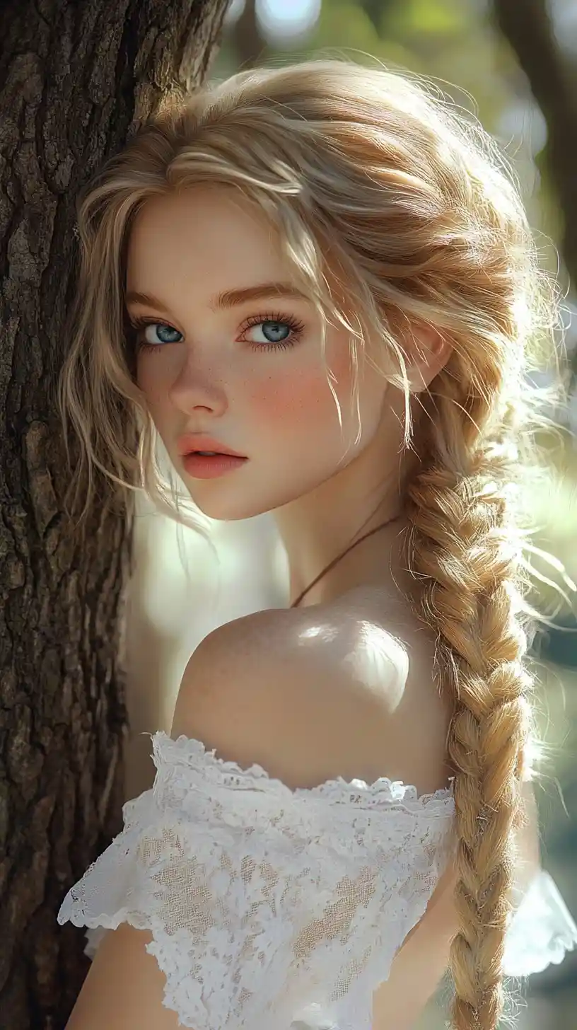 Young woman in white dress by a forest tree