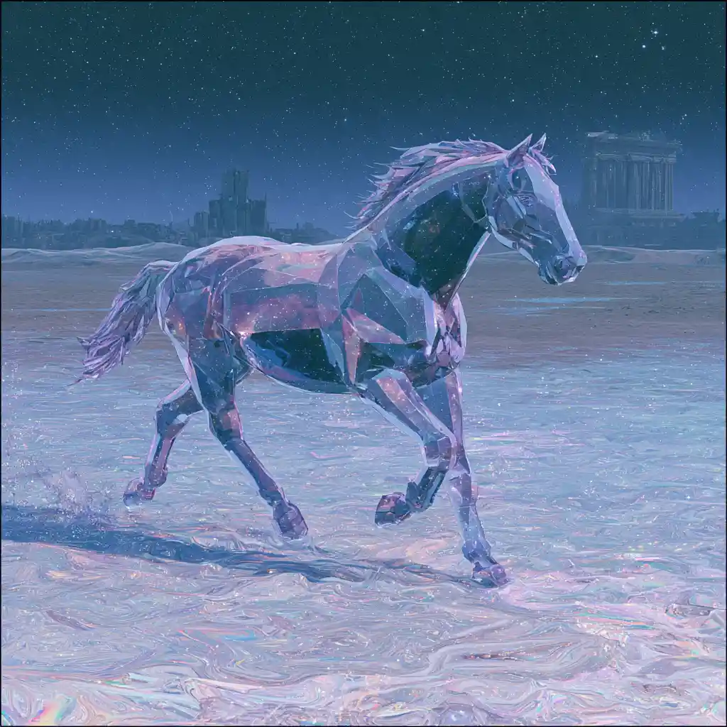Crystal horse galloping across a starlit fantasy desert