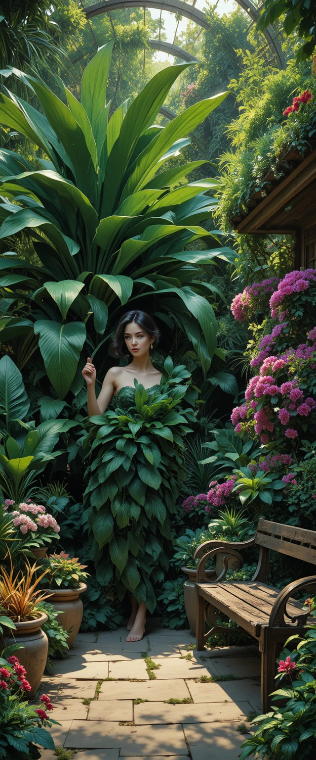 Young woman in lush greenhouse with tropical foliage