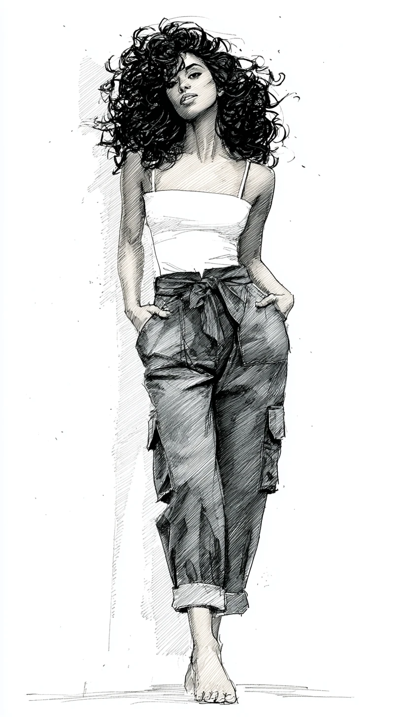 Pencil fashion sketch of a curly haired woman in overalls