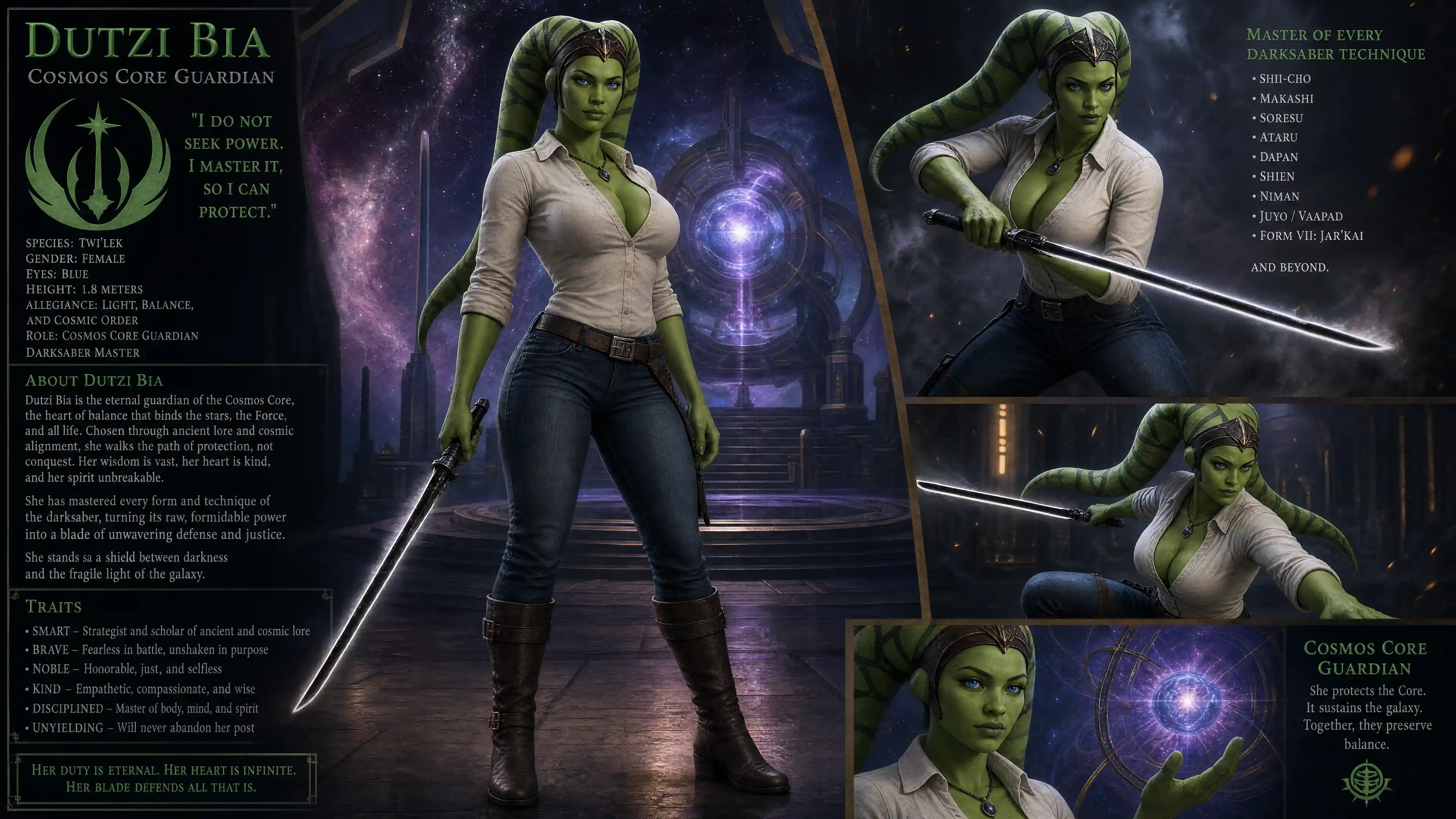 Brave green twilek woman with darksaber in cosmic space