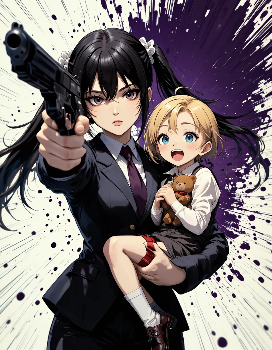 Anime-Mädchen zielt mit einer Waffe in dynamischer Nahaufnahme