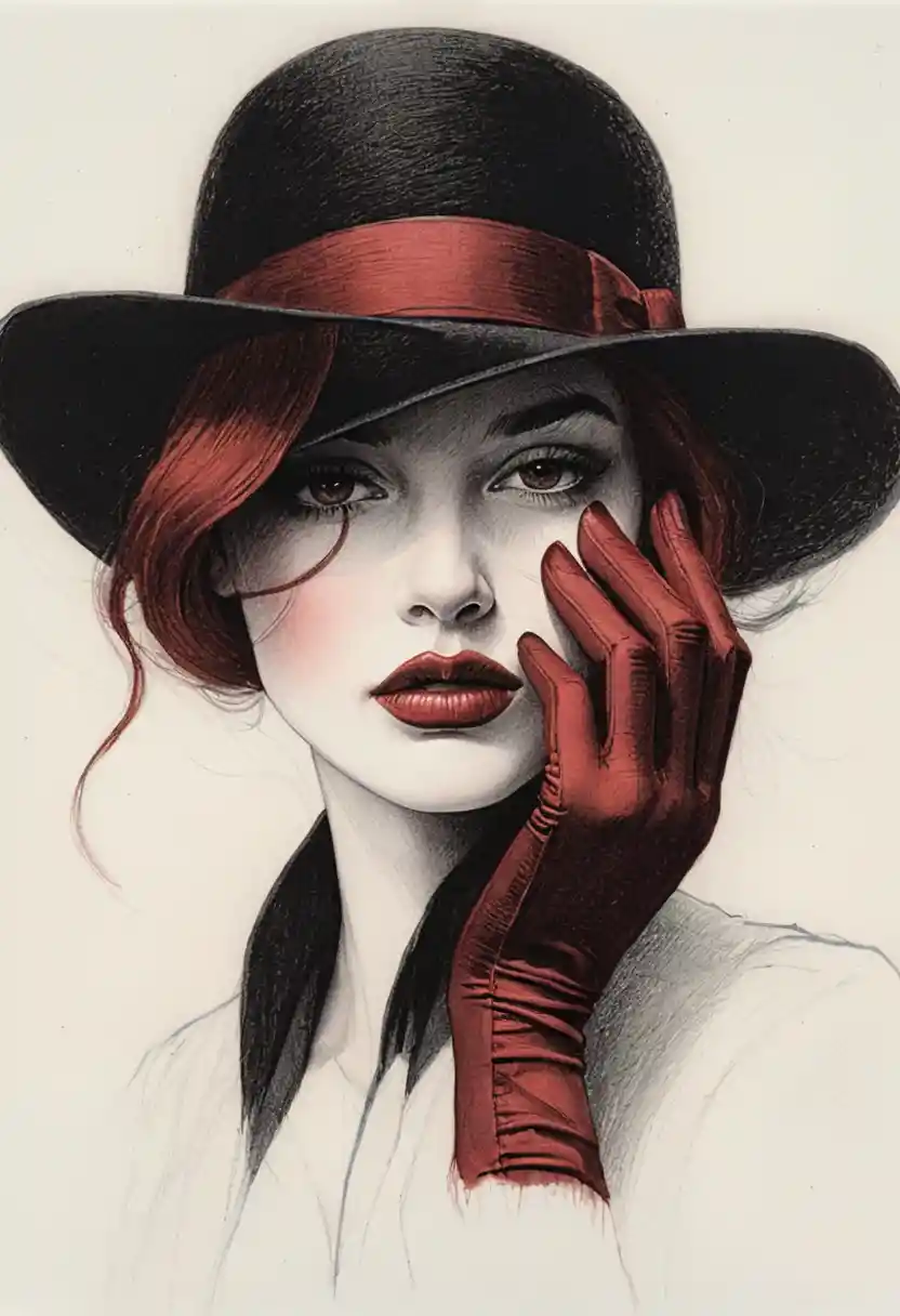 Woman in bowler hat with red glove pencil portrait