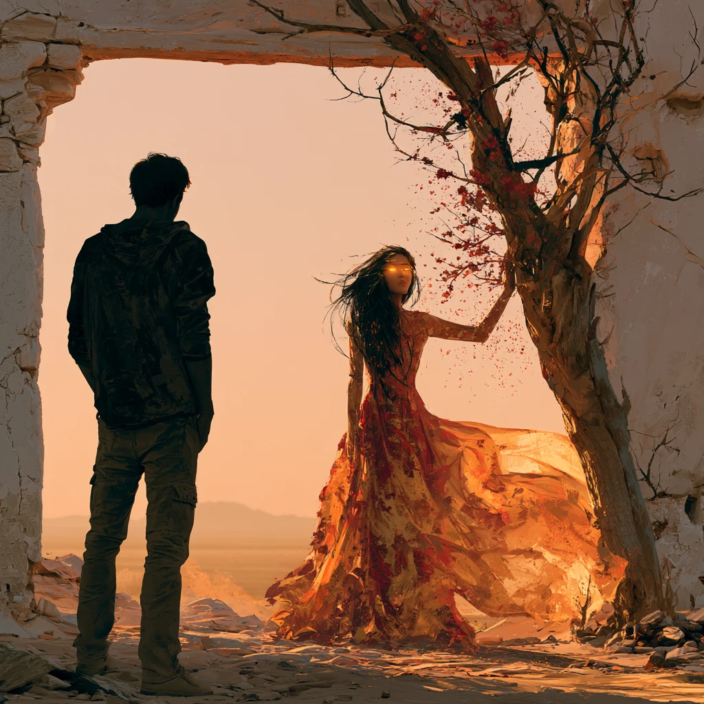 Man watching an ethereal woman bloom flowers in the desert