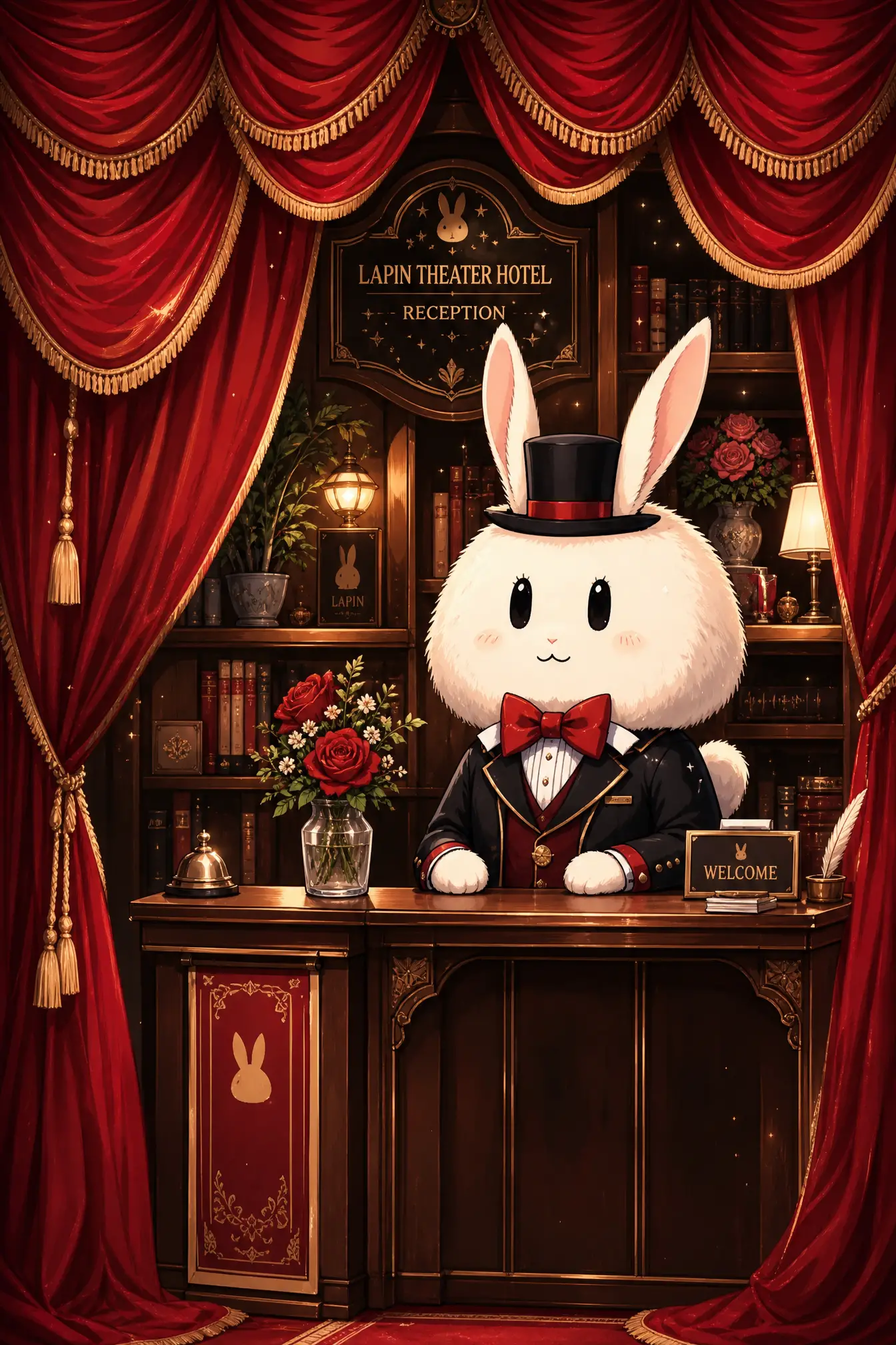 Cute rabbit receptionist in a cozy vintage theater lobby
