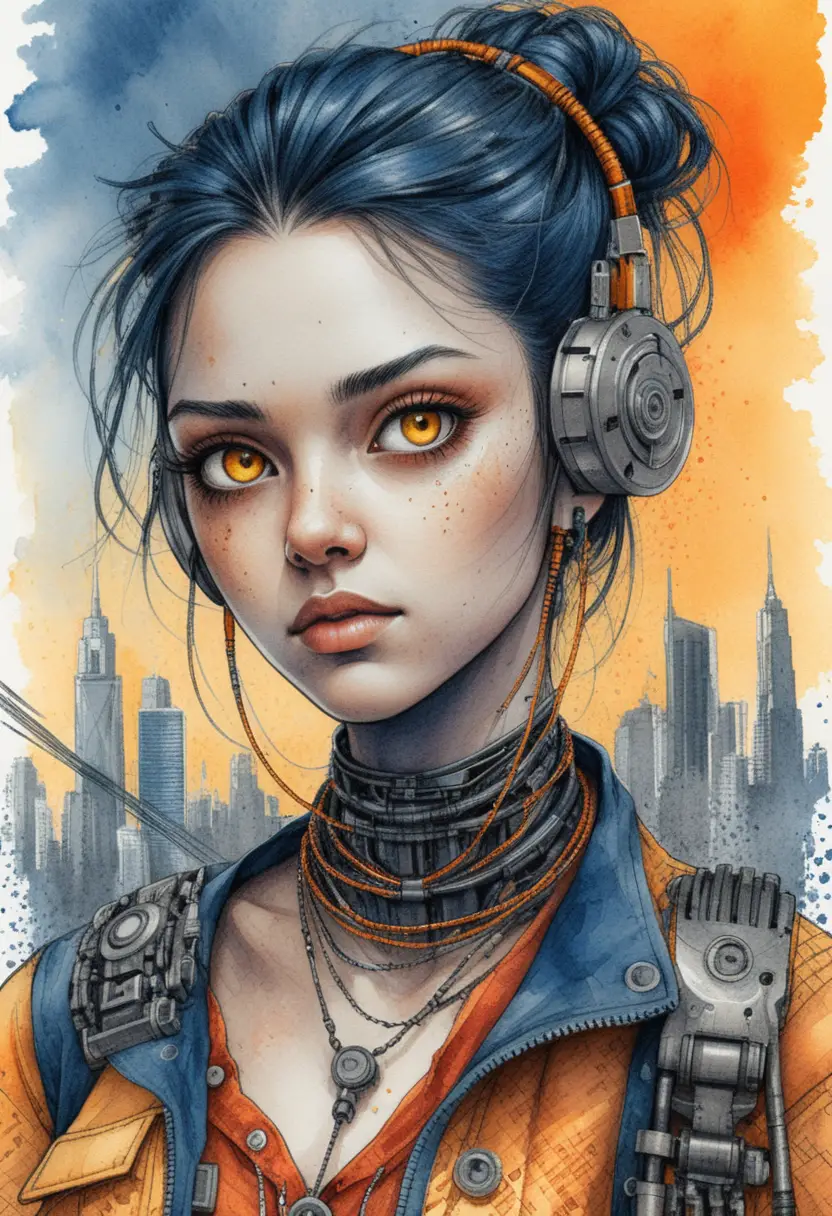 Ritratto di donna cyberpunk a inchiostro da fumetto e matite colorate