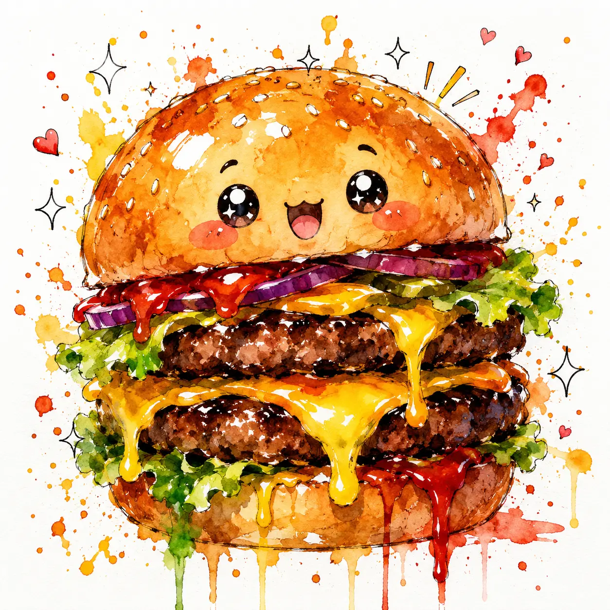 Whimsical watercolor anime burger with dripping cheese