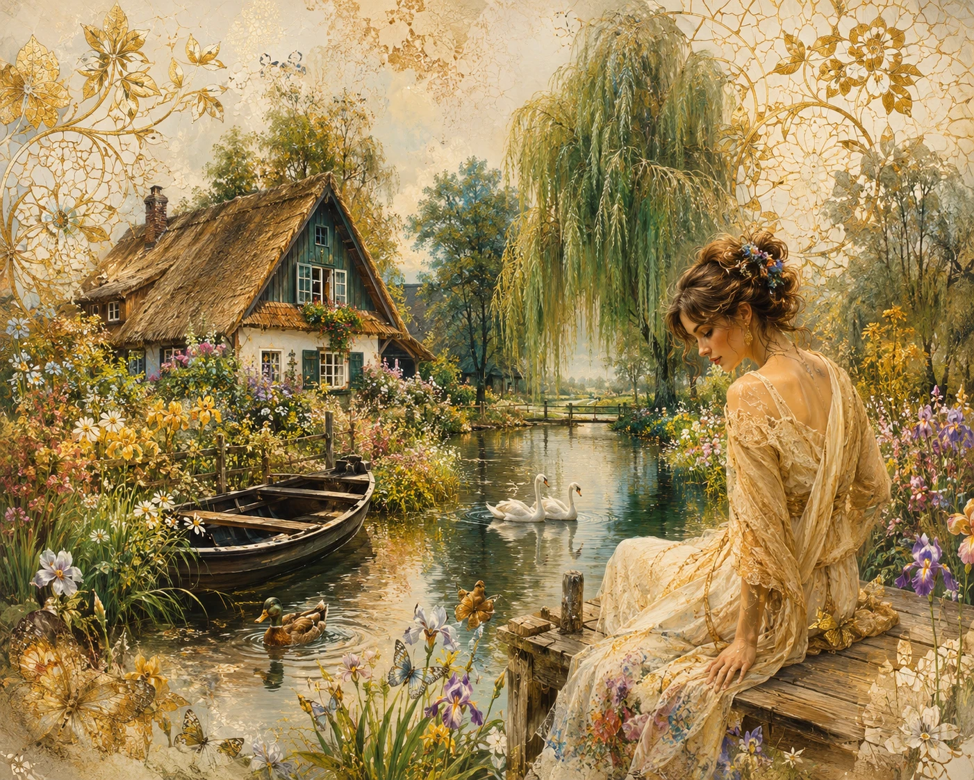 Elegant lady by a riverside cottage in willow landscape