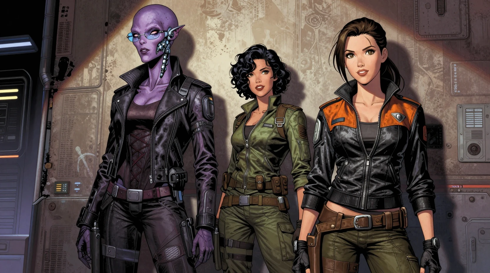 Tall violet alien warrior woman in futuristic city