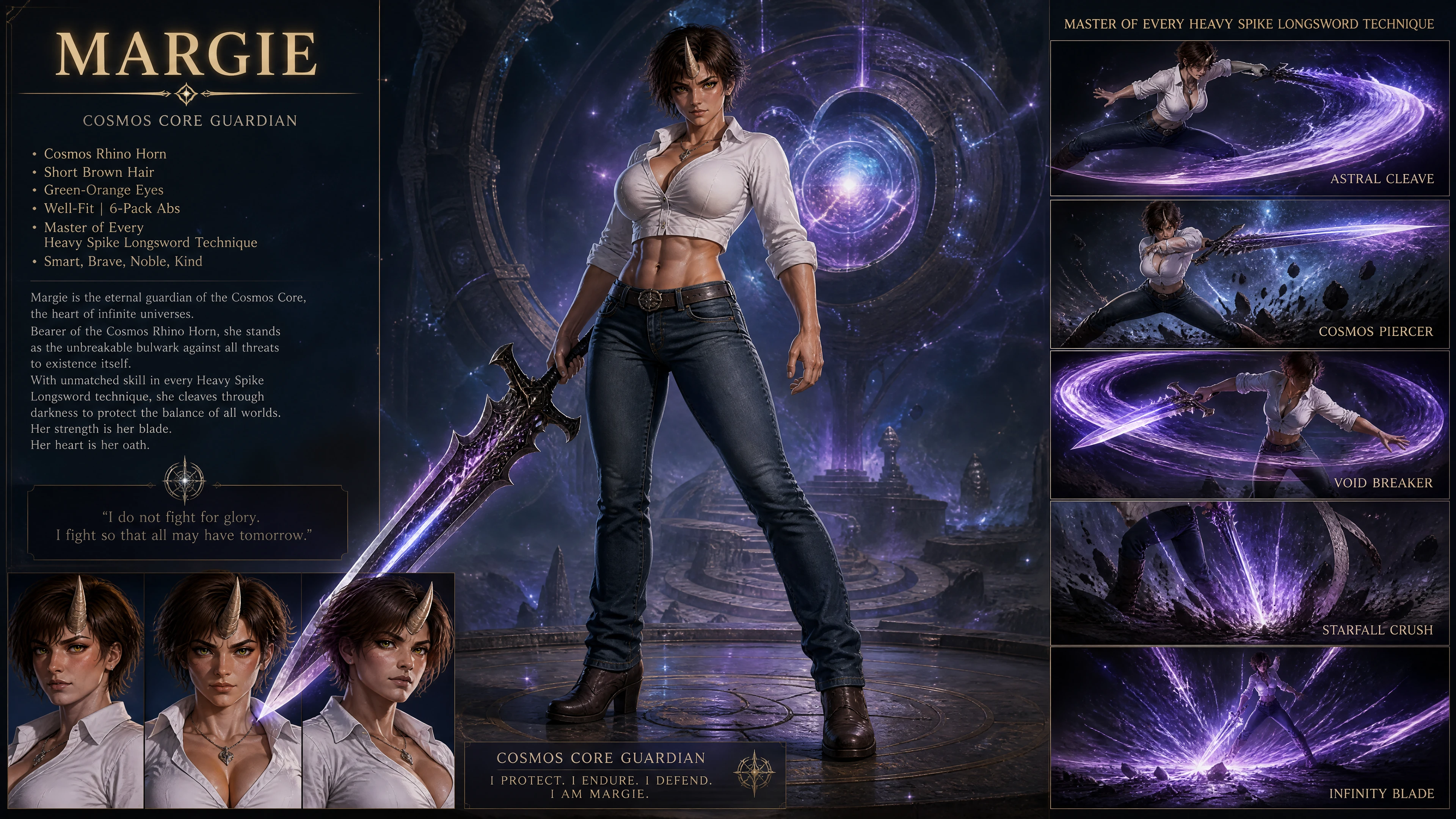Cosmic horned warrior woman with sword in jeans and boots