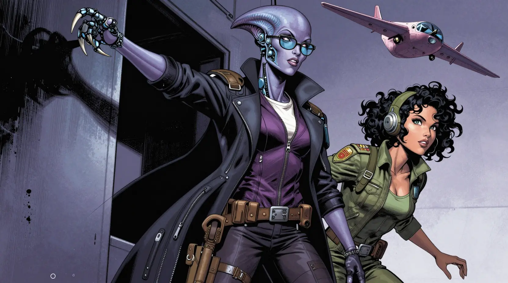 Tall violet skinned alien woman in futuristic fashion