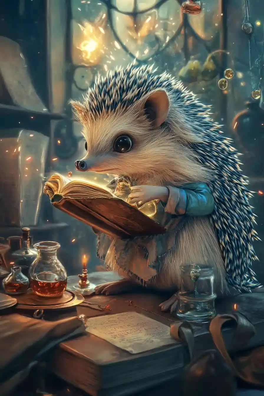 Cute hedgehog alchemist in a dramatic fantasy illustration