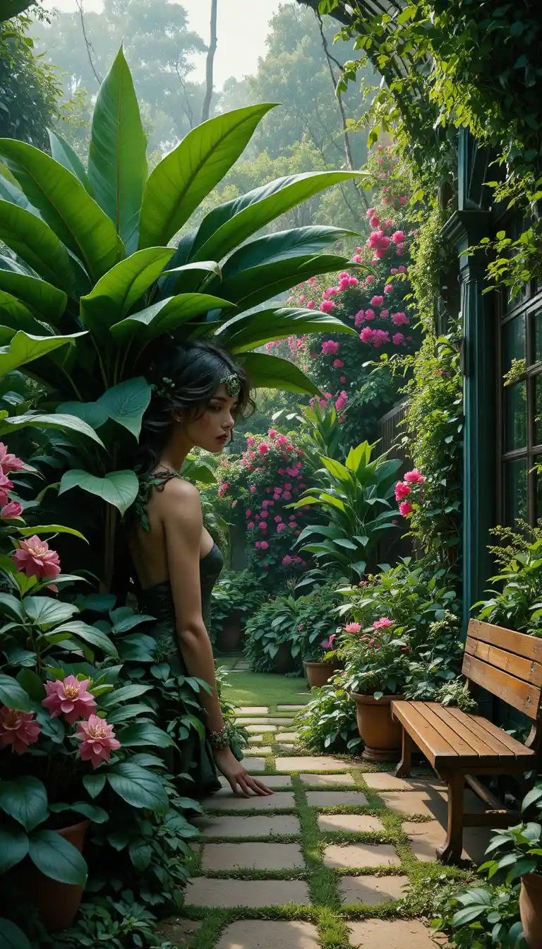 Young woman in lush greenhouse with tropical foliage