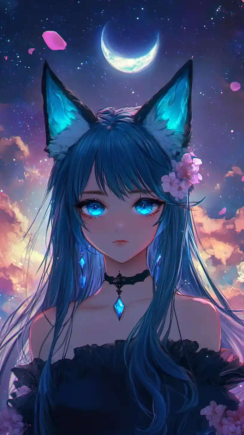 Mystical fox eared anime girl under a glowing night sky