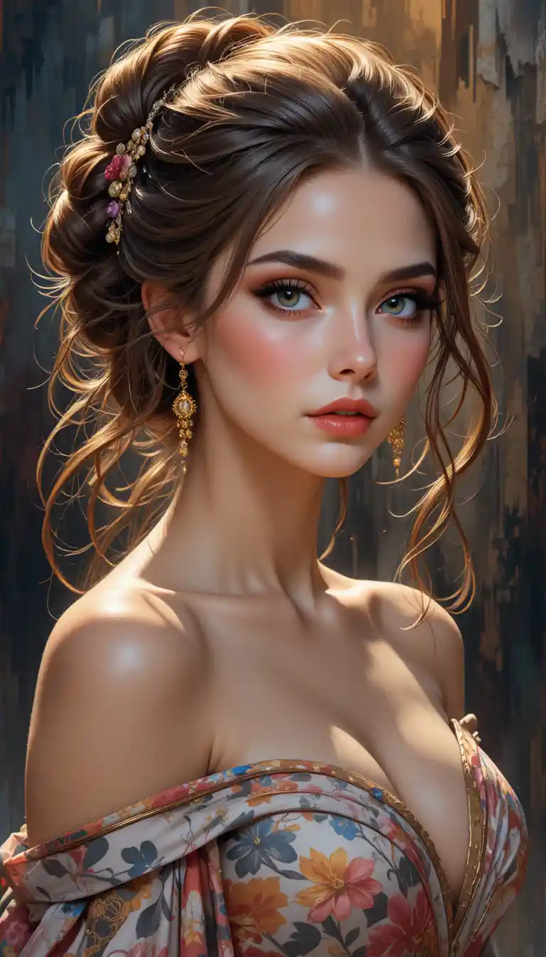 Elegant woman in floral dress with golden earrings