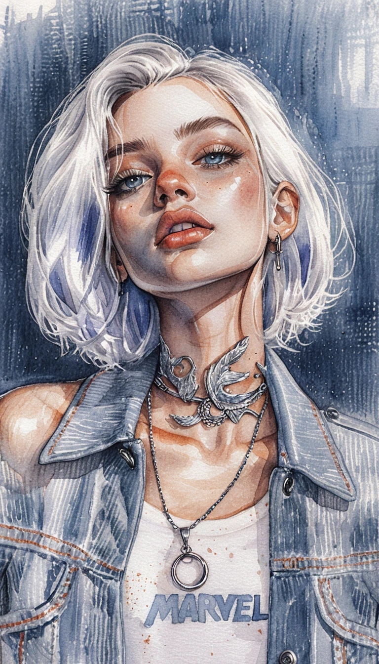 Colored pencil portrait of a silver haired girl in chokers
